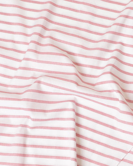 White cotton linen shirting fabric with peach print in stripe design-D7408