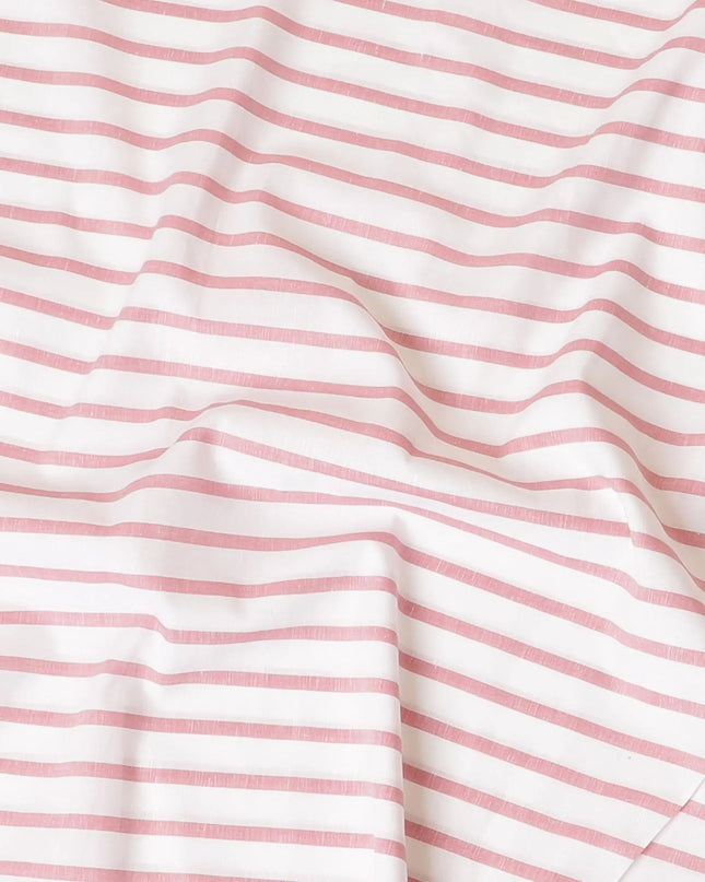 White cotton linen shirting fabric with peach print in stripe design-D7408 Regal Fabrics