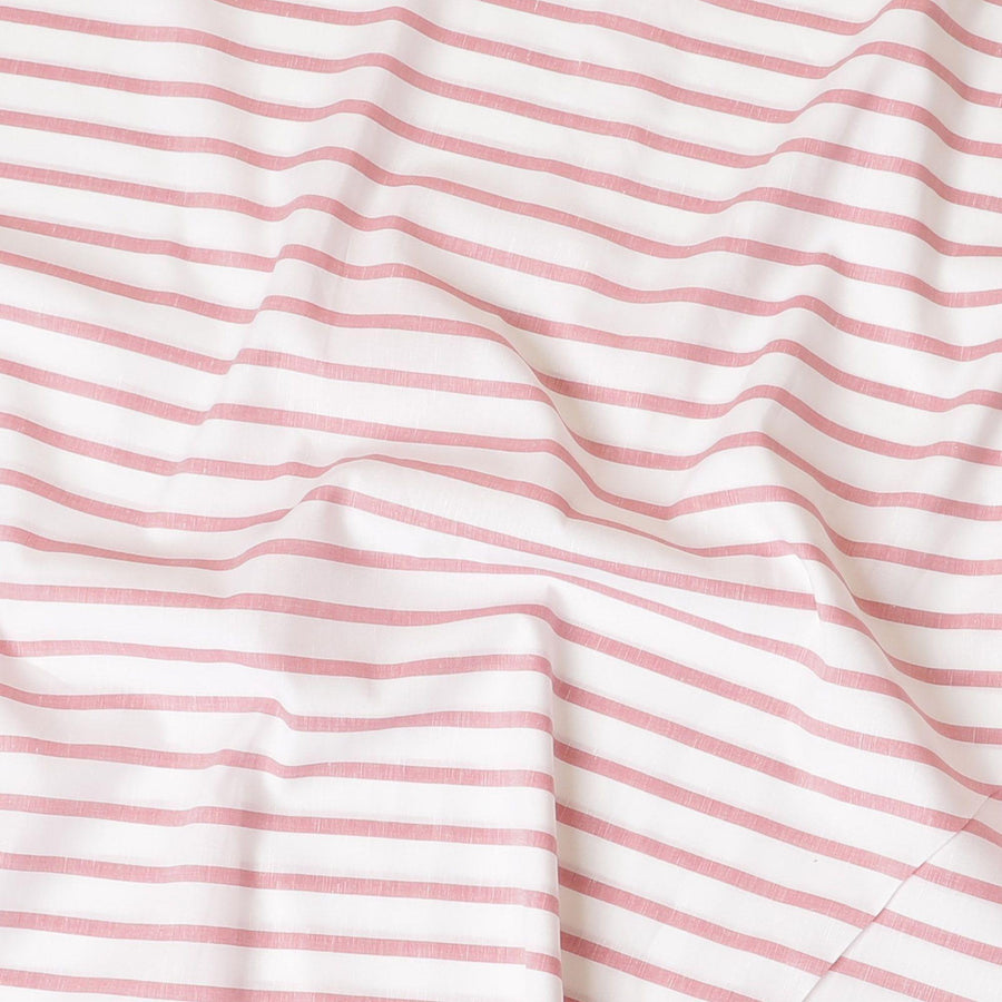White cotton linen shirting fabric with peach print in stripe design-D7408