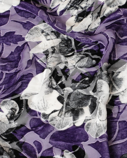 Purple Premium Italian silk chiffon dirac (makmal) fabric with black and white print having same tone velvet jacquard in floral design-D8686 Regal Fabrics