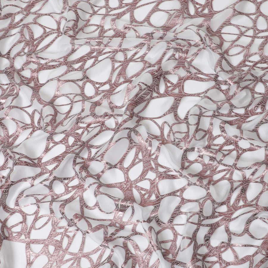Pearl white premium pure silk chiffon fabric with rose pink metallic lurex in abstract design-D10543
