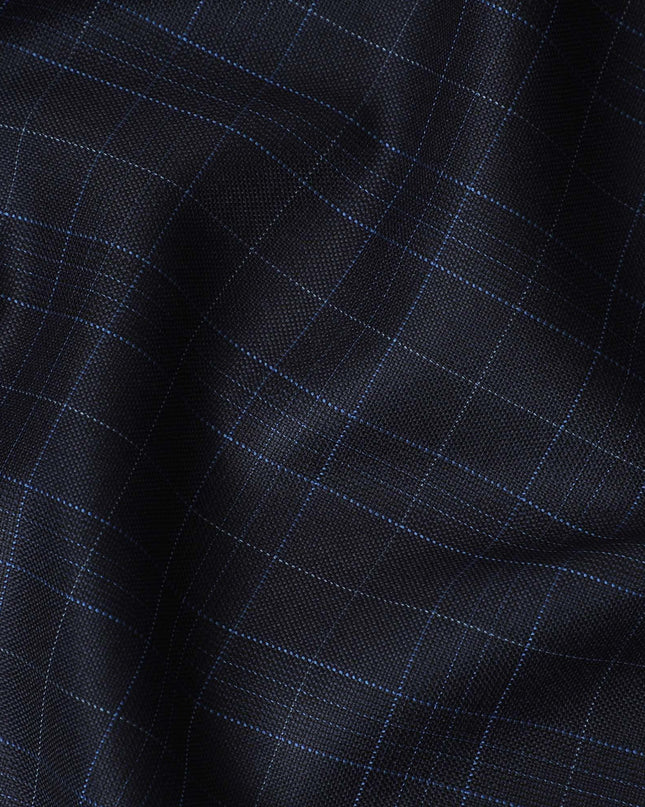 Navy blue Premium English Super 150's wool and cashmere with blue and grey checks design-D11422