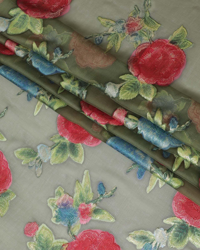 قماش شيفون حريري نقي فاخر باللون الأخضر الزيتوني مع لوركس معدني متعدد الألوان بتصميم زهور-D10781