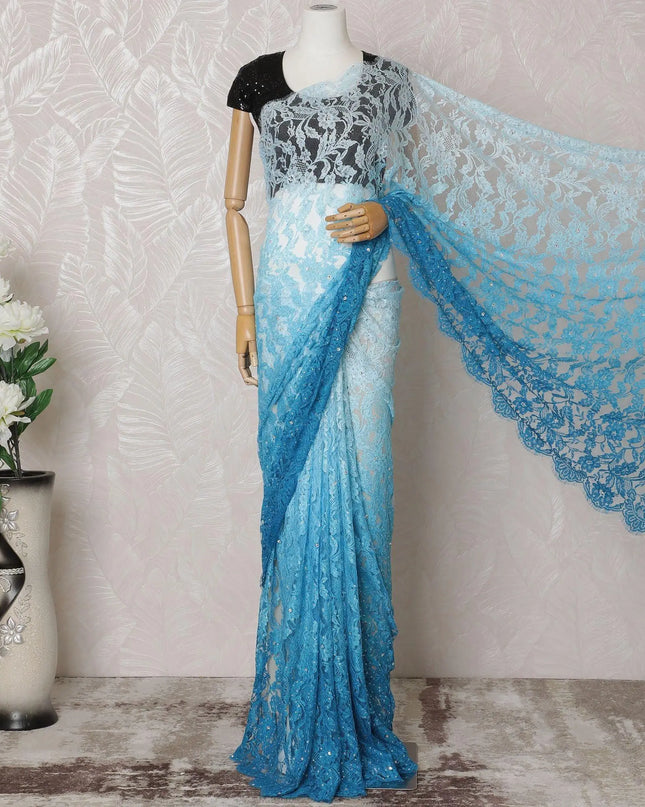 Electric blue to Azure blue Premium pure French chantilly lace saree having stone work in ombre design-D14602 Regal Fabrics