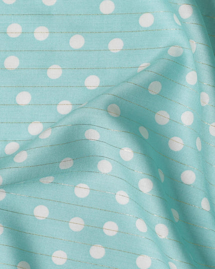 Mint green viscose crepe printed fabric with golden lurex in polka dot design-D11156