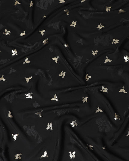 Black Premium pure silk crepe fabric with same tone jacquard having gold metallic lurex weave in floral design-D14638