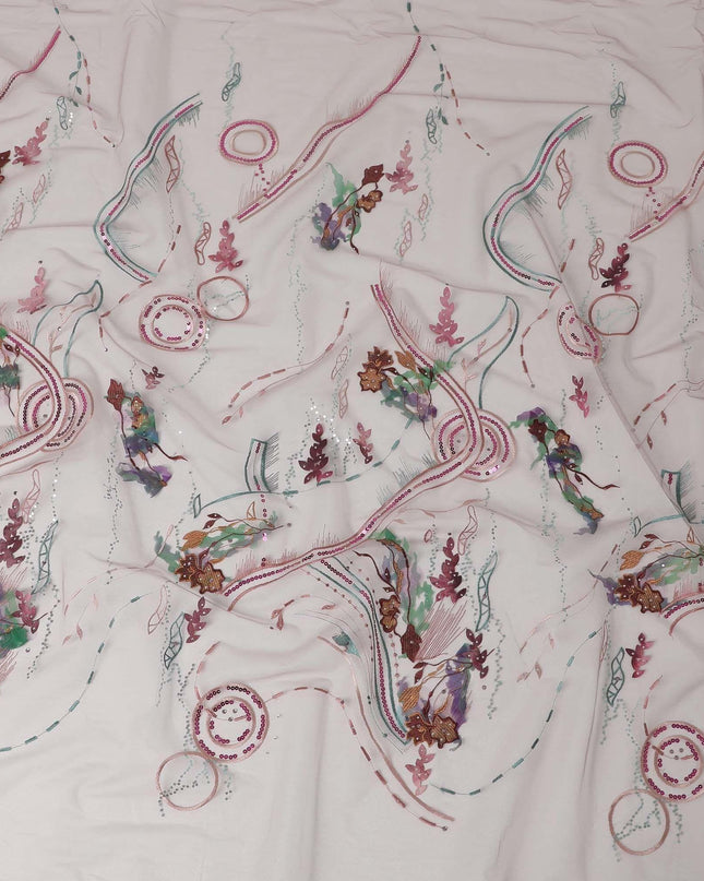 Mauve purple nylon tulle fabric with multi color embroidery and multi color sequins in abstract design