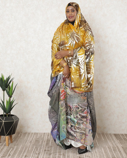 Multicolor Premium pure silk chiffon garbasaar with gold metallic lurex in Leaf design-D11524 Regal Fabrics