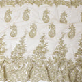 Gold nylon tulle fabric with same tone embroidery having beads and stone work in paisley design-D11682