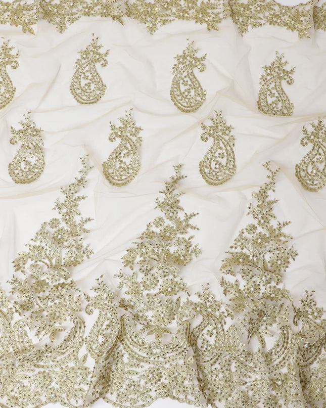 Gold nylon tulle fabric with same tone embroidery having beads and stone work in paisley design-D11682 Regal Fabrics