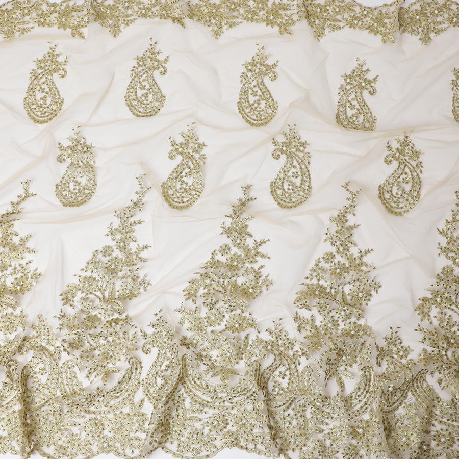 Gold nylon tulle fabric with same tone embroidery having beads and stone work in paisley design-D11682