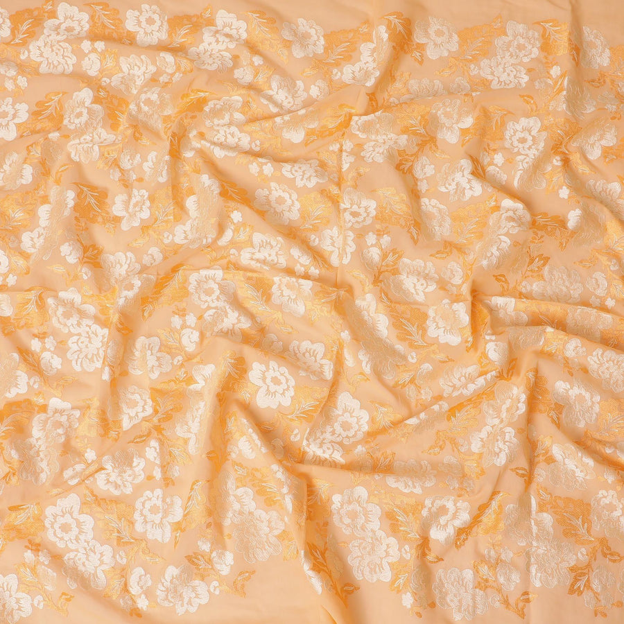 Melon orange premium pure cotton voile fabric with same tone and beige embroidery in floral design-D13642