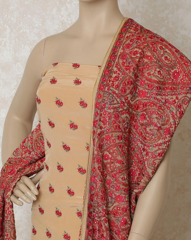 Beige silk crepe kameez with multicolor embroidery having stone work in paisley design. Beige plain salwar having same tone chiffon dupatta with multicolor embroidery and stone work-D12662