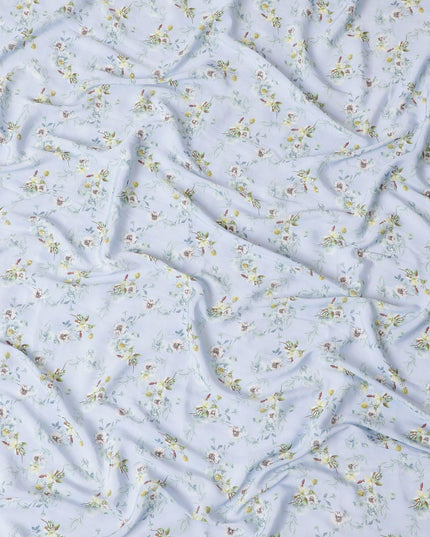 Powder blue synthetic crepe fabric with multicolor print in floral design-D15301 - Regal Fabrics