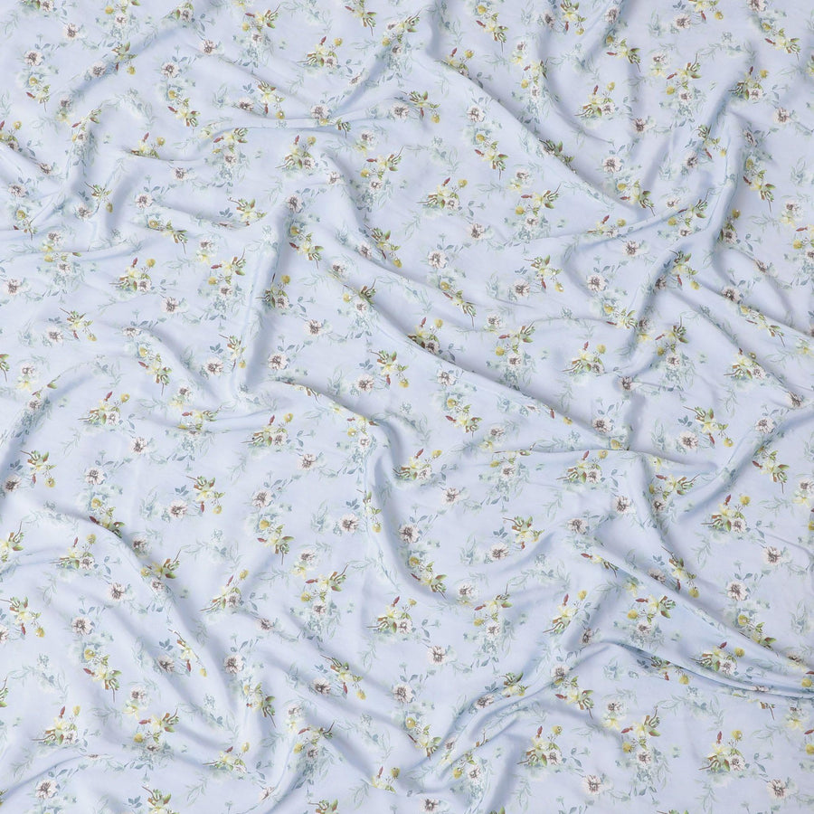 Powder blue synthetic crepe fabric with multicolor print in floral design-D15301 - Regal Fabrics