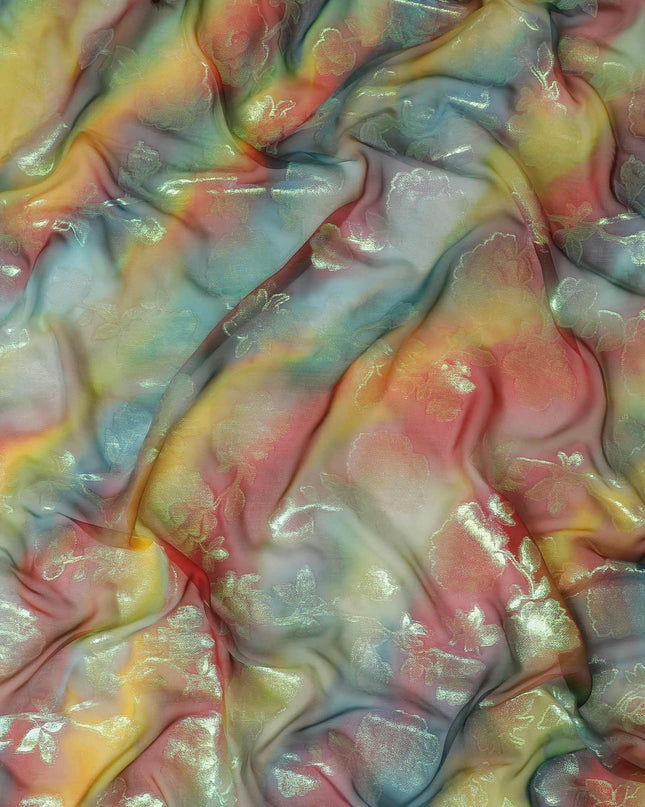 قماش شيفون حريري نقي فاخر متعدد الألوان مع لوريكس معدني أخضر نيون بتصميم زهور -D9282