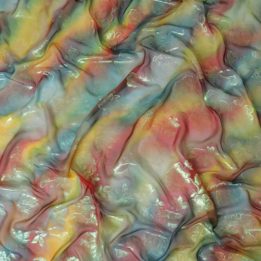 قماش شيفون حريري نقي فاخر متعدد الألوان مع لوريكس معدني أخضر نيون بتصميم زهور -D9282