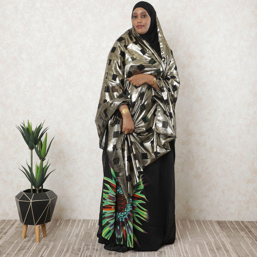 Black Premium pure French (Fransawi) silk chiffon garbasaar with gold metallic lurex in floral design-D11573