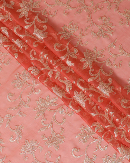 قماش شيفون من الحرير الخالص باللون البرتقالي اليوسفي مع لوريكس معدني ذهبي بتصميم زهور - D14150