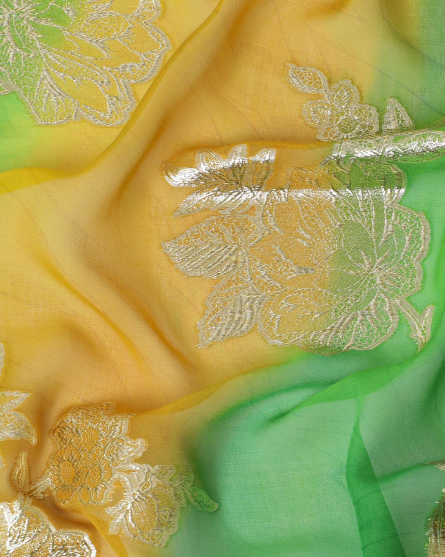 قماش شيفون حريري نقي فاخر باللون الأخضر الليموني مع طباعة يدوية متعددة الألوان مع لوريكس معدني ذهبي بتصميم فاخر-D10414
