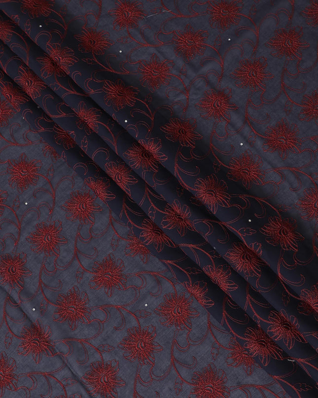 Dark navy blue Premium pure 100% Swiss cotton voile (Sudanese Thobe) fabric with crimson red and gold embroidery having stone work in fancy design-D13799