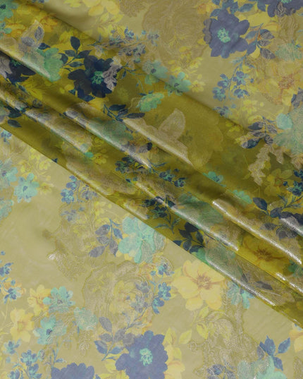 قماش شيفون من الحرير الخالص الفاخر من Mehindi Green مع طباعة زرقاء وفيروزية خضراء مع لوريكس معدني ذهبي بتصميم زهور-D10783