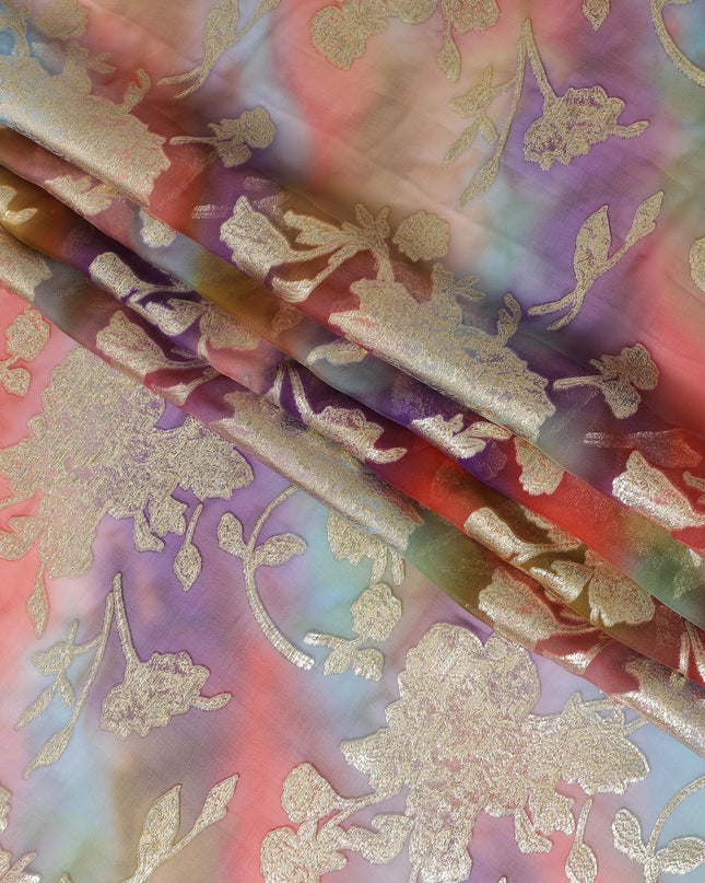 شيفون من الحرير الخالص متعدد الألوان مع لوريكس معدني ذهبي بتصميم الأزهار-D11380