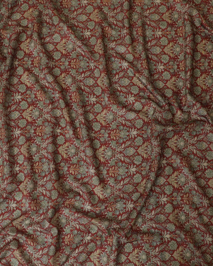 Chestnut brown synthetic modal satin fabric with olive green and beige print in floral design-D9102