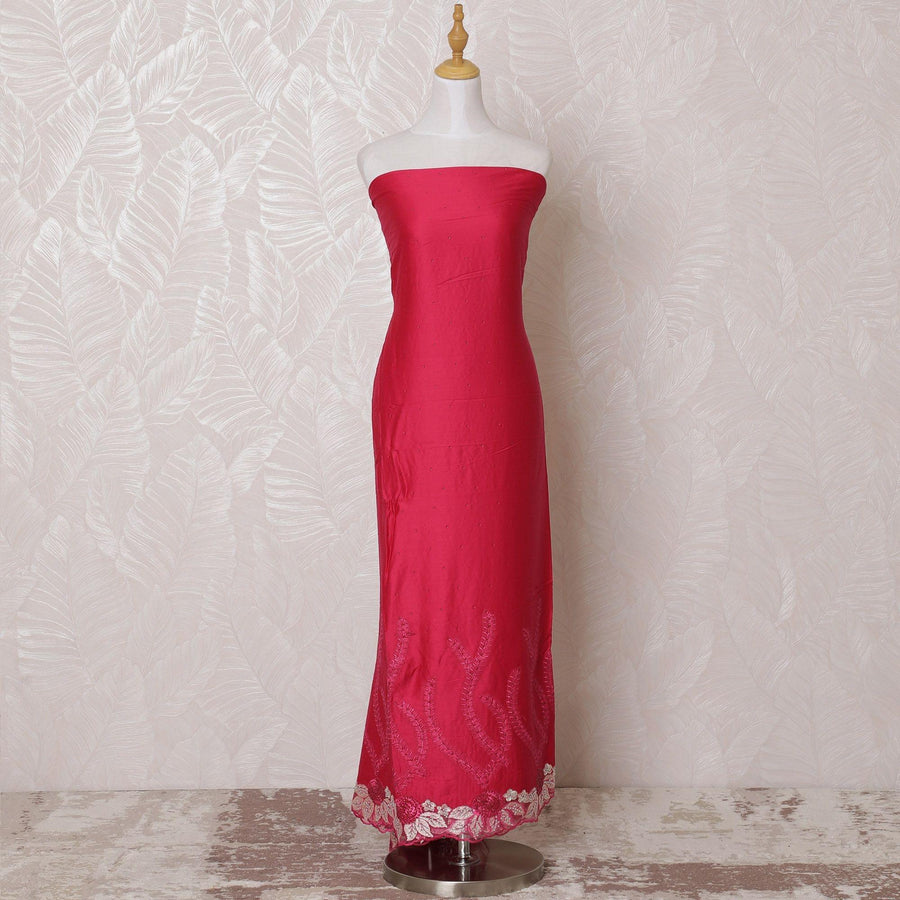 Fuchsia pink blended cotton lawn fabric with same tone, beige embroidery having stone work in floral design-D15068