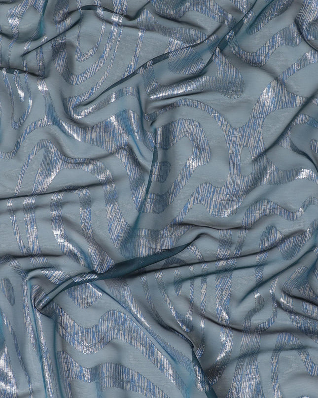 Petrol blue Premium pure French (Fransawi) silk chiffon garbasaar with blue and silver metallic lurex in abstract design-D9537