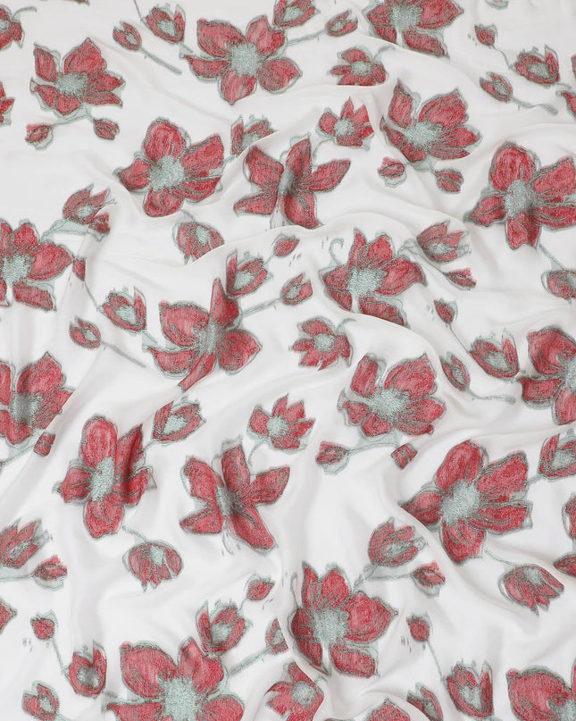 قماش شيفون حريري فرنسي (فرنساوي) فاخر باللون الأبيض الفاتح مع فيسكوز أحمر قرمزي مع زجاجة من اللوريكس المعدني الأخضر بتصميم الأزهار-D14058