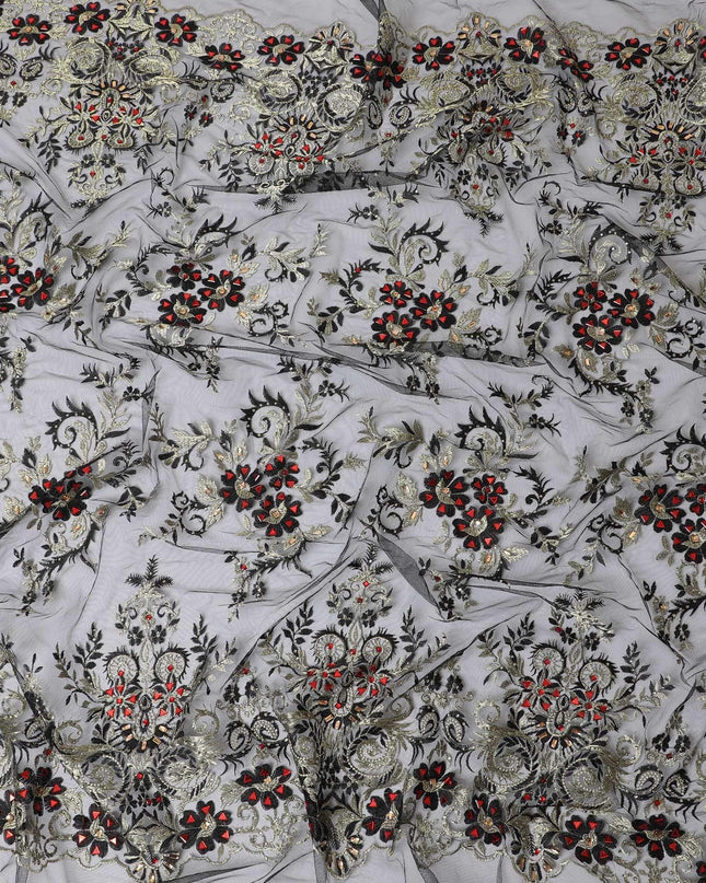 Black nylon tulle fabric with gold embroidery having stone work in floral design-D11704