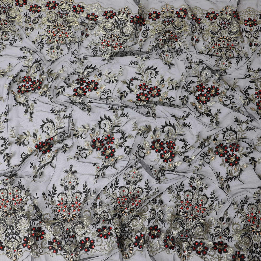 Black nylon tulle fabric with gold embroidery having stone work in floral design-D11704