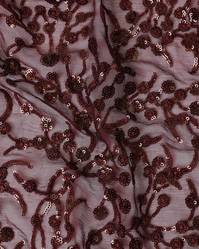 Maroon Premium pure silk chiffon fabric with same tone sequin embroidery in floral design-D13199