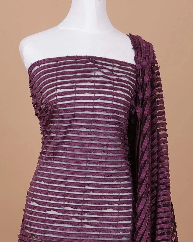 Plum fancy nylon tulle fabric with same tone embroidery in stripe design-D9183 Regal Fabrics