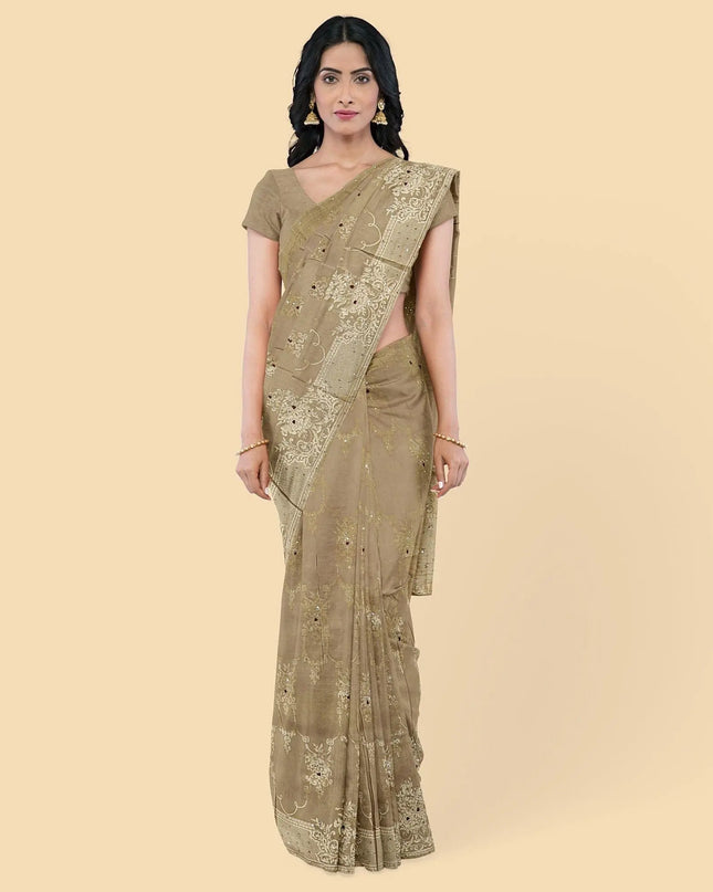 Taupe brown imitation silk saree with gold jacquard having same tone sequin work in floral design-D12787 Regal Fabrics