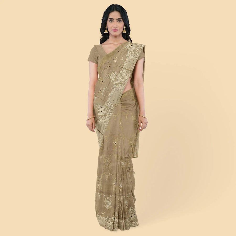 Taupe brown imitation silk saree with gold jacquard having same tone sequin work in floral design-D12787 Regal Fabrics
