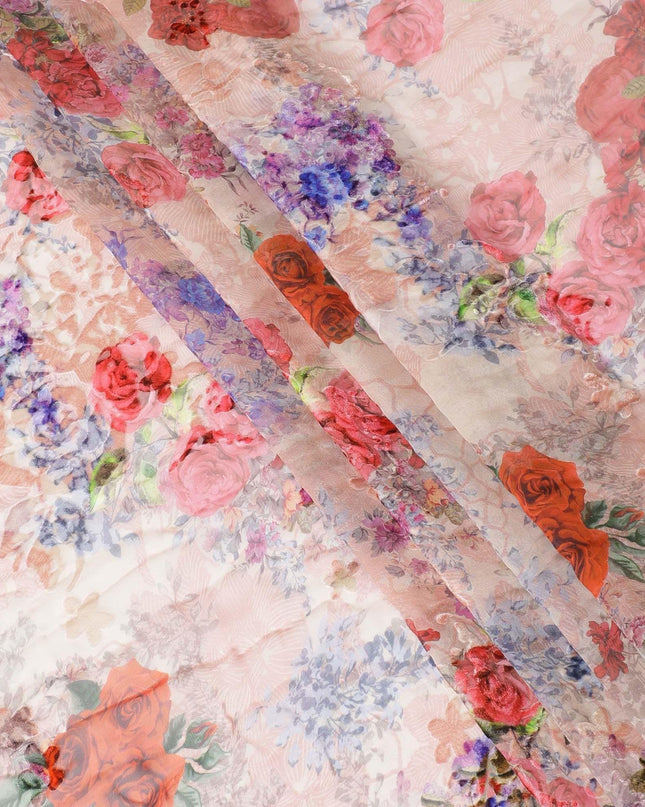 قماش شيفون حرير كانتالوب مع طبعات رقمية متعددة الألوان ومخمل محترق بتصميم زهور لديراك - D9840
