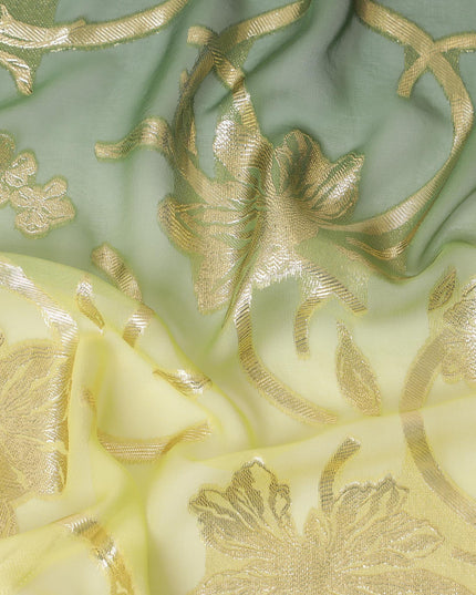 Paris green, yellow, brown Premium pure French (Fransawi) silk chiffon fabric in floral design-D14024