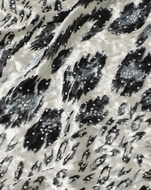 Daisy white Rayon velvet fabric with black, pewter grey print having metallic silver studs in abstract design Regal Fabrics