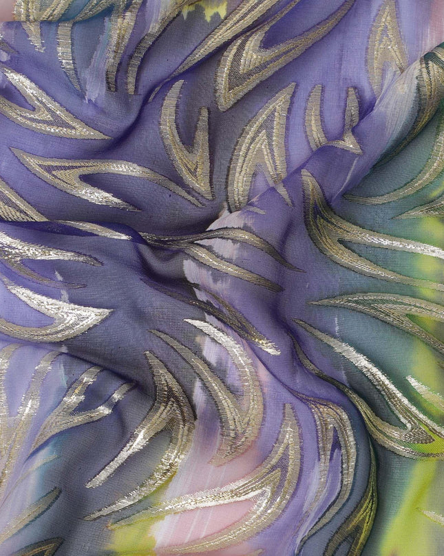 قماش شيفون من الحرير الخالص متعدد الألوان مع لوريكس معدني ذهبي بتصميم تجريدي-D14074