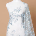 Powder blue Premium wedding nylon tulle fabric with same tone, off white embroidery, applique work and beadwork in floral design-D7915
