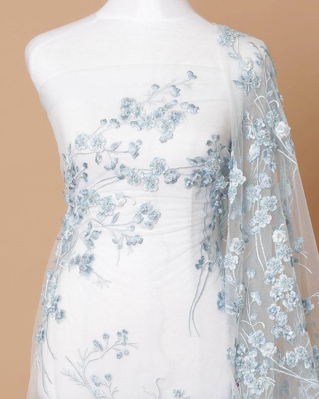 Powder blue Premium wedding nylon tulle fabric with same tone, off white embroidery, applique work and beadwork in floral design-D7915 Regal Fabrics
