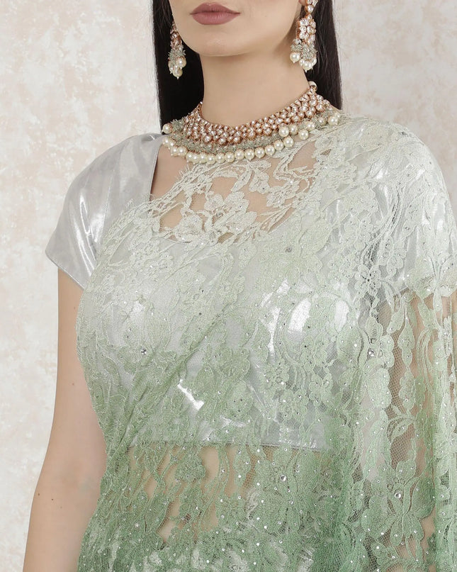Forest green to mint green Premium pure French chantilly lace saree having stone work in ombre design-D14517 Regal Fabrics