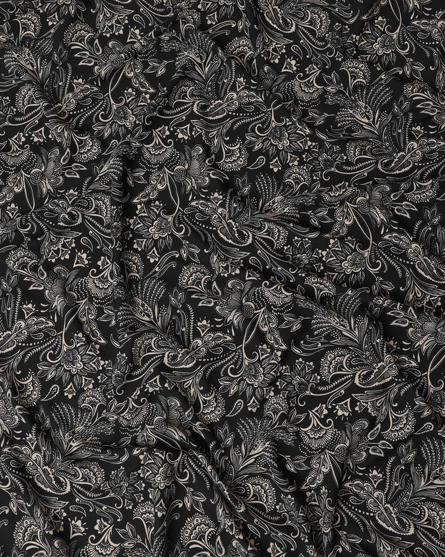 Black viscose crepe printed fabric with white prints in floral design-D11170