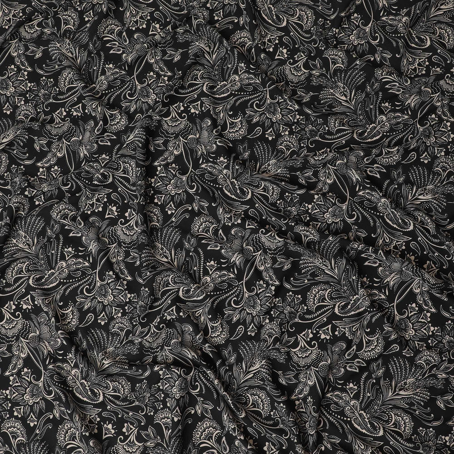 Black viscose crepe printed fabric with white prints in floral design-D11170