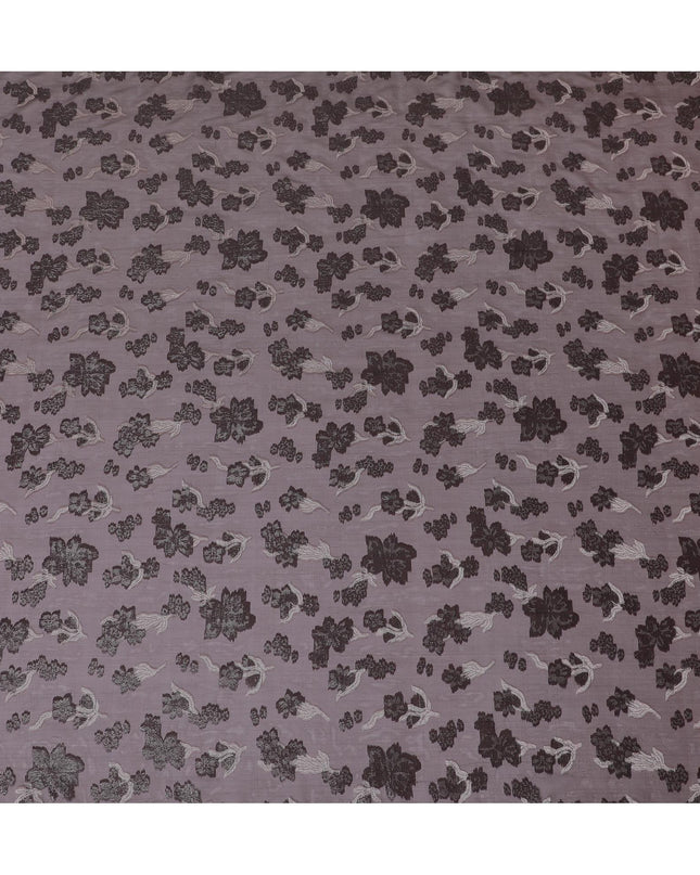 قماش شيفون حريري فرنسي (فرنساوي) فاخر باللون العنابي مع فيسكوز رمادي ولوريكس معدني أسود بتصميم زهور-D14273