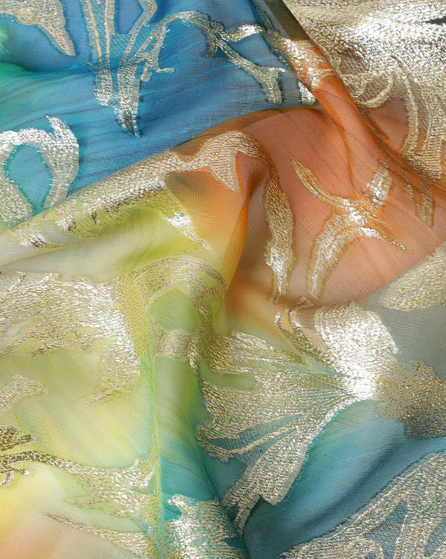 شيفون من الحرير الخالص متعدد الألوان مع لوريكس معدني ذهبي بتصميم أوراق الشجر -D11385