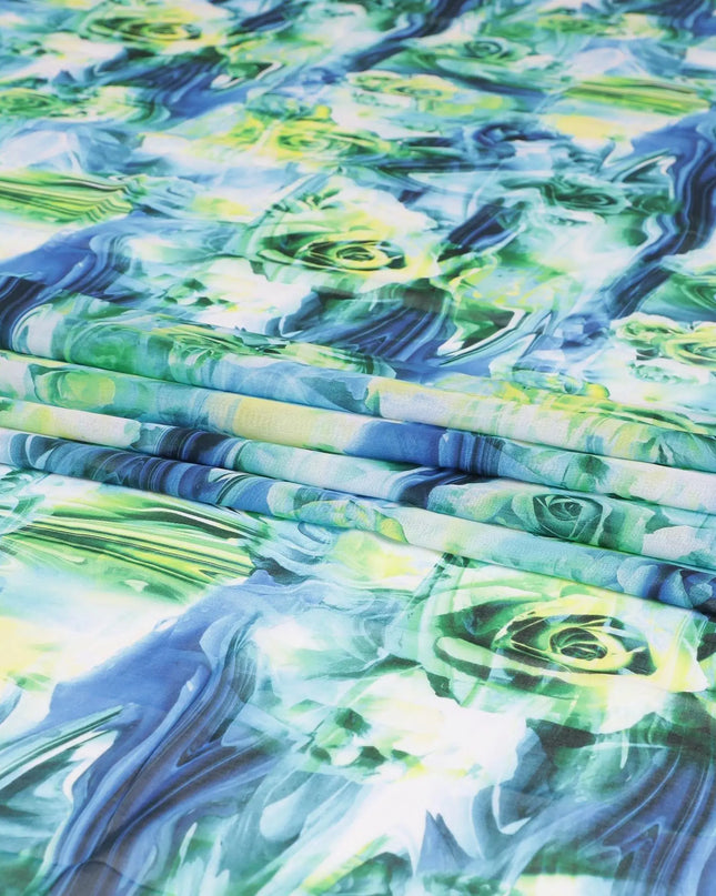 White Swiss 100% cotton voile fabric blue, neon green, baby blue and bottle green print in floral design-D7197 Regal Fabrics
