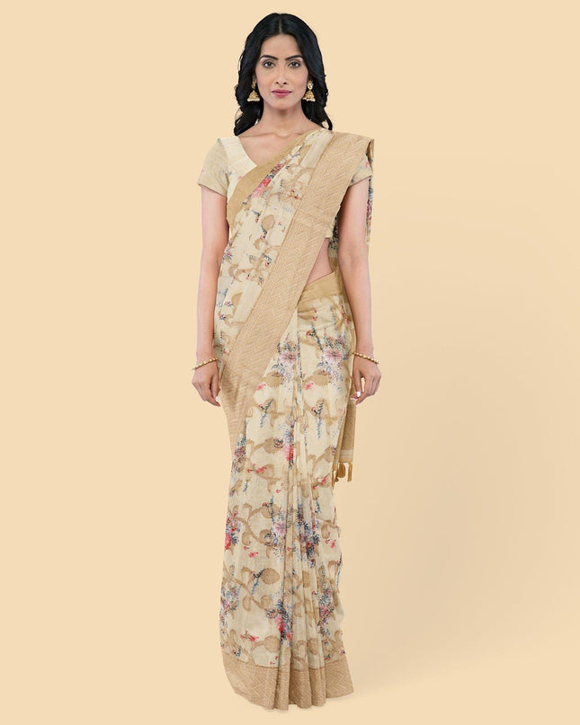 Laguna yellow synthetic chanderi silk saree with gold lurex & prints in floral design. Blouse piece in same colour-D12738